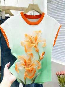 Camiseta casual de mujer con cuello redondo, ribete de contraste y estampado floral - Multicolor 4 - Ver 4