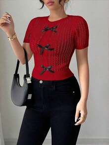 Blusa de mujer con tejido de cuerda hueco y decoración de mariposa, adecuada para la playa - Rojo - Ver 6