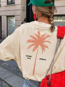 Camiseta Casual de Verano para Mujer, Estilo Vacacional, con Estampado de Slogan de Árbol, Cuello Redondo y Manga Corta, Moderna y Versátil, Ideal para Uso Diario. Camisetas Gráficas para Mujer, Top Blanco, TopFashion. - Albaricoque - Ver 7