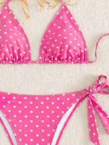 Bộ bikini 2 mảnh thời trang và dễ thương họa tiết chấm bi đen trắng dành cho nữ, lý tưởng cho bãi biển và spa. - Màu Hồng Tươi - Xem 4