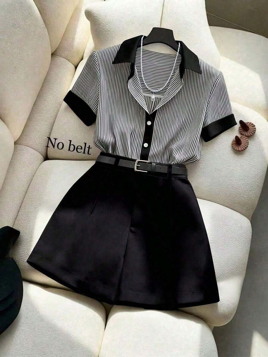2 piezas Conjunto de camisa de manga corta con cuello a rayas y parches de color contrastante + pantalones cortos blancos de verano casual para mujer, adecuado para ir al trabajo, conjunto de camisa casual, conjunto a rayas para mujer - Negro - Ver 1