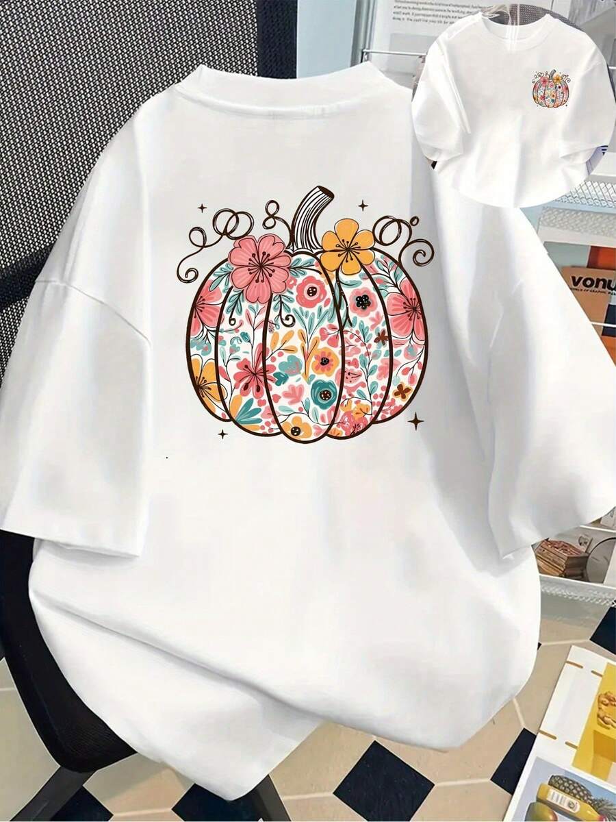 Camiseta estampada de manga corta con diseño de flores de calabaza, diseño floral de otoño - camiseta estampada de moda para mujer, primavera/verano, artículo de moda, ropa casual versátil, 100% algodón. - Blanco - Ver 1