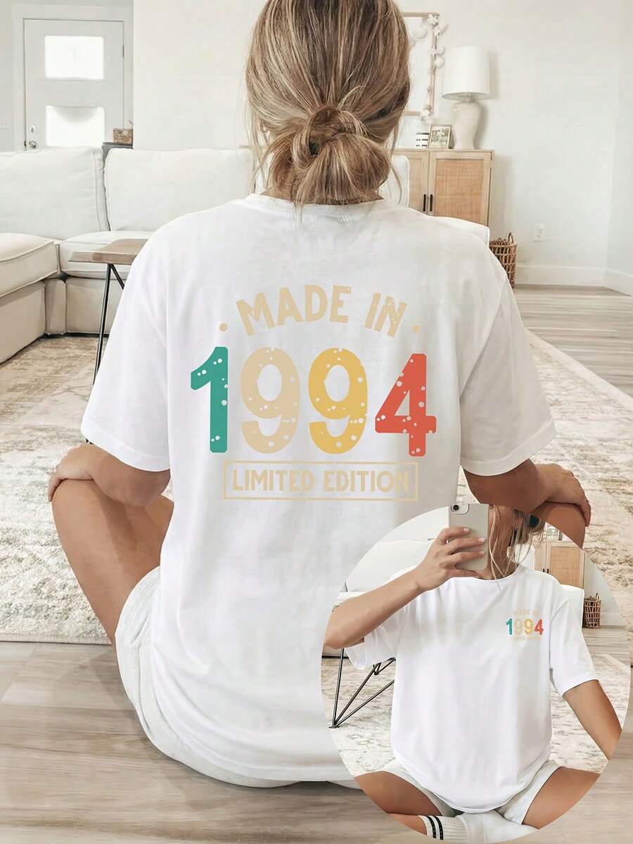 [Double-Sided Printing] Women's Casual Summer T-Shirt, MADE IN 1994 LIMITED, Suitable For Comfortable Wear In All Seasons, Limited Edition MADE IN 1994 With Colorful Digital Print, Versatile Clothing, Comfortable Material, Short-Sleeved T-Shirt, 100% Cotton For Fashion Enthusiasts. - 白色 - 查看 1