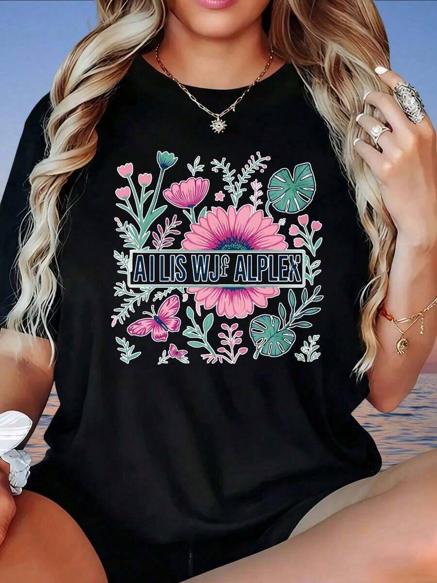 Women's T-Shirt With Mexican Floral Art Print, Butterfly And Leaf Design, A I Lis Wj Alplex Text, Casual Summer Top For Women, Matching Family Cotton T-Shirt - 黑色 - 查看 1