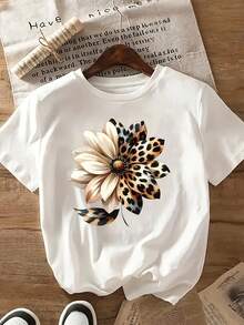 Camiseta casual de mujer, diseño con estampado de leopardo y flores - Top suave y transpirable para primavera y verano, camiseta lavable a máquina, perfecta para ropa casual - Blanco - Ver 1