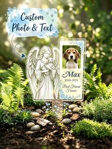1pc Custom Photo Pet Memorial Acrylic Stake, Personalized Text Pet Grave Marker, Customizable Name & Date Dog Memorial Ornament, Angel Holding Dog Sketch Design With Forget-Me-Not Floral Border - Baby Blue - View 12