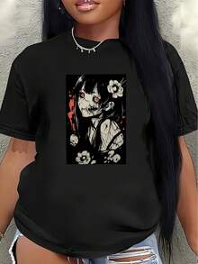 Camiseta de manga corta ligera y duradera, con diseño de anime, perfecta para descansar en casa o salir a comer, estampada con motivos florales, diseñada para la comodidad diaria.blusa casual mujer - Negro - Ver 1