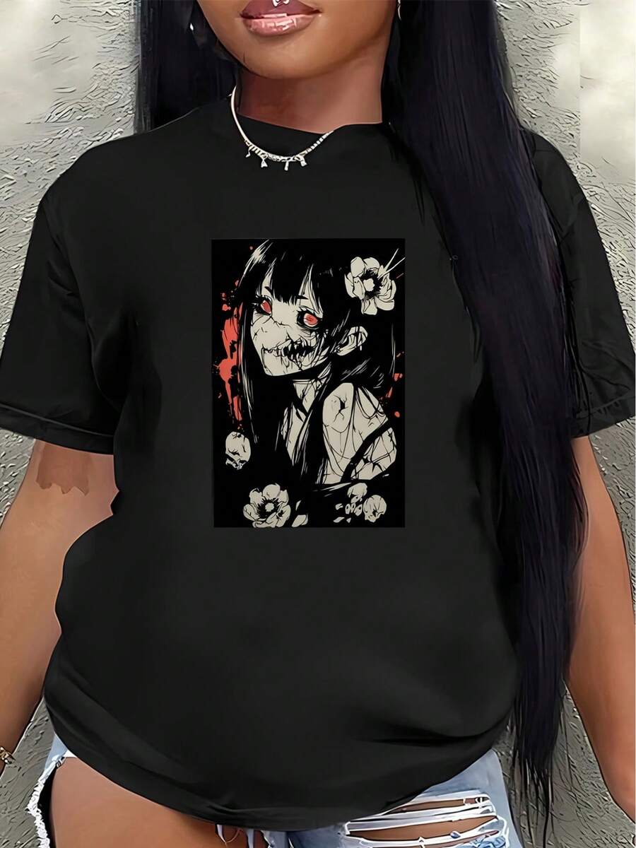 Camiseta de manga corta ligera y duradera, con diseño de anime, perfecta para descansar en casa o salir a comer, estampada con motivos florales, diseñada para la comodidad diaria.blusa casual mujer - Negro - Ver 1