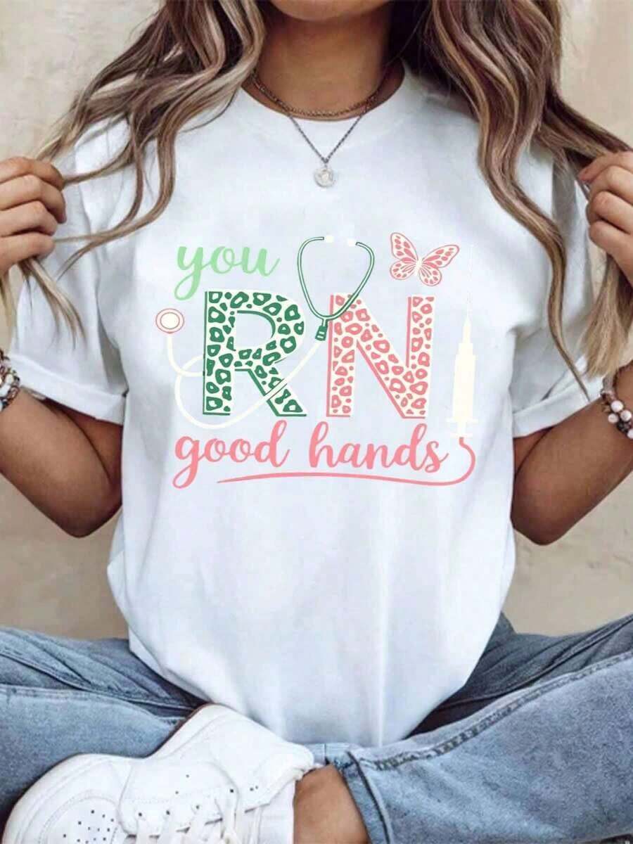 You're In Good Hands: Nurse T-Shirt With Stethoscope And Butterfly Design, Gift For Nurses, Professional Nursing Clothing, 220g - Urban Vintage Style, Unisex, Loose Cotton Short Sleeve T-Shirt With Round Neck, 100% Cotton. - 白色 - 查看 1