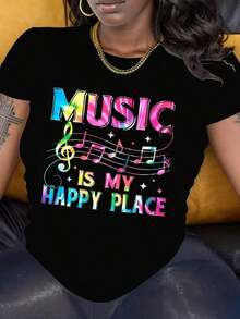 Camiseta Música Felicidad Mujer Creativa Estilo Casual Diseño Alegre Inspiración Musical Estampado Colorido Relajación Diaria Tamaños S-XL Color Negro Ropa Popular Buscada - Negro - Ver 1