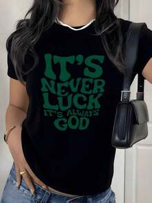 T-Shirt With Inspirational Quote Graphic Print, 180g, 1 Piece, Women's 100% Cotton Casual T-Shirt, Summer Streetwear - 黑色 - 查看 9