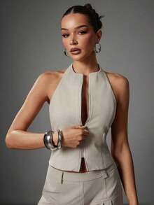 Sleeveless Halter Top With Front Closure And Open Back, Solid Color And Sexy Casual Style For Women - 卡其色 - 查看 1