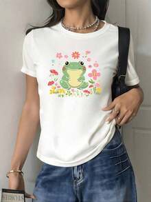 Rana rodeada de flores coloridas que simbolizan vitalidad y alegría en la naturaleza camiseta para mujer de tela suave cómoda para uso diario - Blanco - Ver 8
