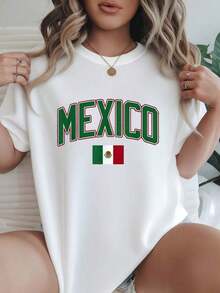 Camiseta de Mujer Casual de Corte Holgado, Opciones en Blanco y Negro, Camiseta con Estampado Mexicano, Camisetas Gráficas para Uso Diario de Verano, Tops de Verano, Conjuntos de Verano, Camisetas Gráficas para Mujer, Tops Cortos para Mujer, Camisetas Vintage de Algodón, Ropa Linda para Mujer, Playera Holgada para Mujer - Blanco - Ver 7