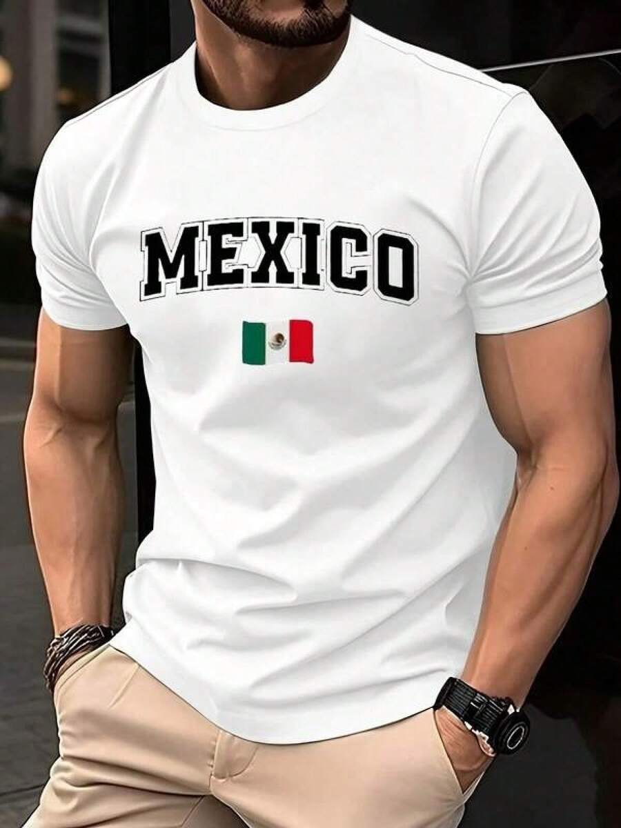 Camiseta Gráfica para Hombre con Diseño de la Bandera Mexicana, Perfecta para Uso Diario y Regalos, 100% Algodón, Estilo Unisex, Recién Llegada, Ideal para Atuendos Casuales y Ocasiones Festivas, Ropa de Moda con Temática Mexicana, Cómoda y Duradera, Mejora tu Guardarropa con Esta Elegante Camiseta, 100% Algodón - Negro - Ver 1