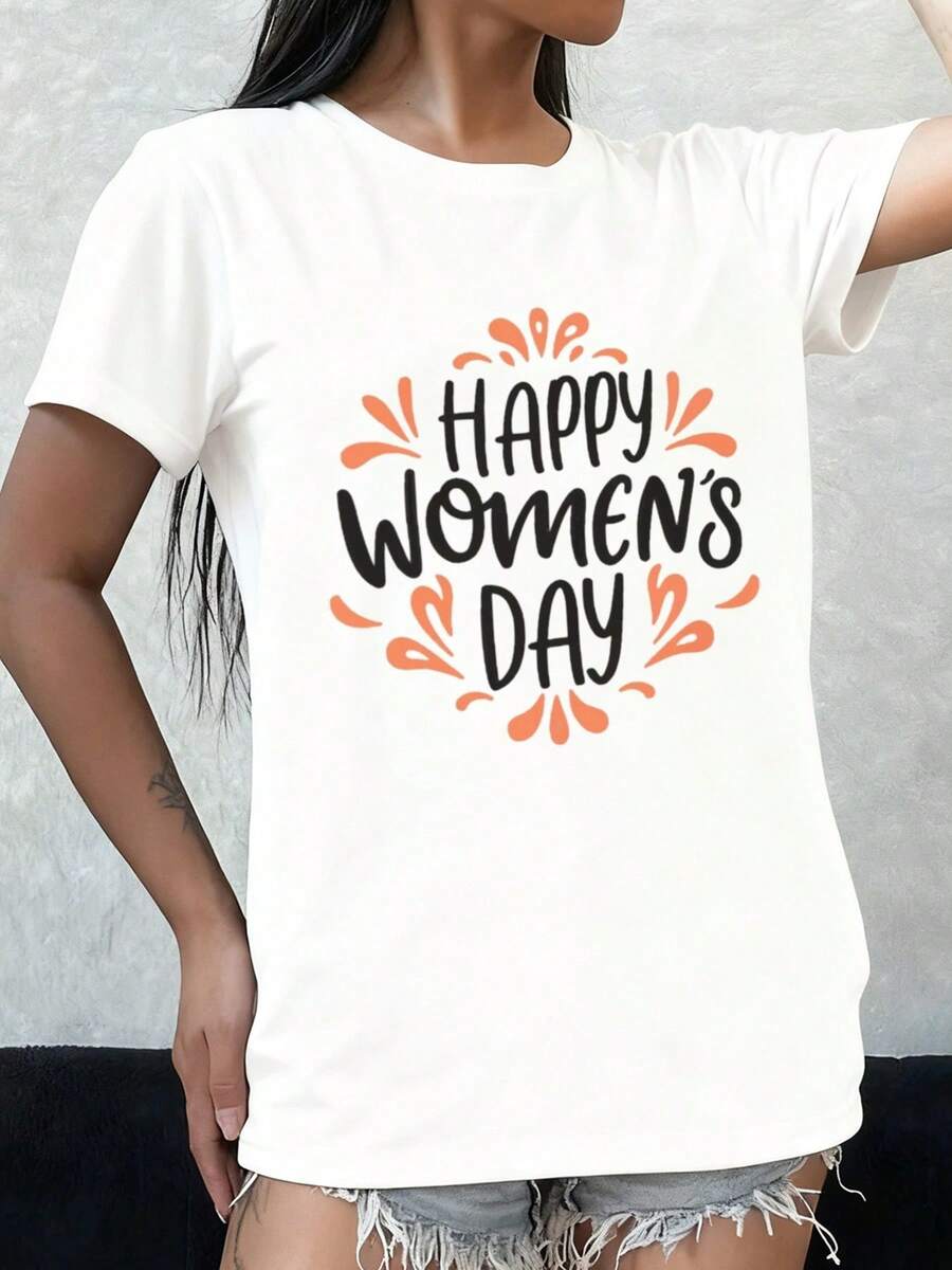 Camiseta del Día Internacional de la Mujer, camiseta de manga corta cómoda y colorida para mujer, estampado blanco, nueva camiseta estampada de moda para primavera y otoño, ropa de verano a la moda, ropa casual para fines de semana, estilo hip-hop urbano, ropa para actividades al aire libre. Camiseta de manga corta cómoda y versátil. - Blanco - Ver 1