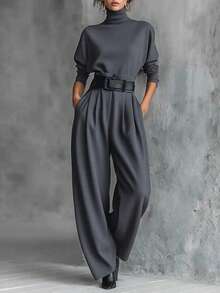Conjunto de 2 piezas nuevo para mujer, más vendido, top de cuello alto y manga larga, pantalón de tiro alto y pierna ancha, incluye cinturón, diseño favorecedor, elegante, perfecto para looks de día, oficina, citas y uso diario - Gris (con cinturón) - Ver 5
