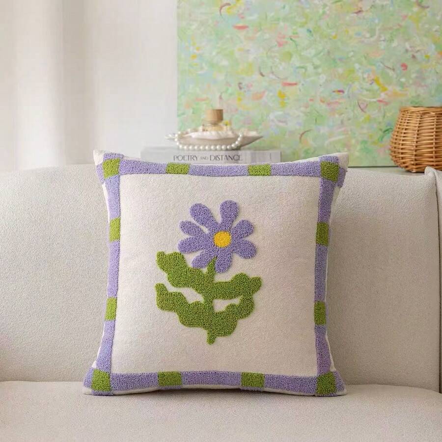 Soft Loop Yarn Embroidered Flower Pillow Cover 45x45cm, Breathable Cloud-Like Cushion Case For Living Room Sofa Decor, 1pc (No Filler) - Purple - View 1
