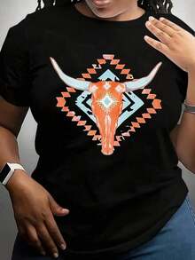 100% algodón, camiseta de mujer, camiseta negra de talla grande, con diseños de calaveras coloridas y patrones geométricos, ideal para uso casual. - Negro - Ver 8