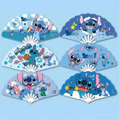  6 chiếc quạt xếp hình hoạt hình Stitch của Disney, quạt cầm tay di động cho mùa hè, phụ kiện chủ đề Lilo & Stitch, dễ thương cho học sinh.