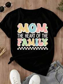 Camiseta de Mujer "Mamá, el Corazón de la Familia" con Diseño de Texto Colorido y Flores, Ropa Casual de Primavera Verano para Mujeres - Negro - Ver 2