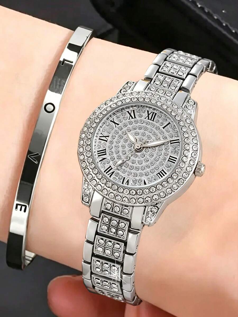 Women's Luxury Lightweight Diamond Watch Set, Including A Silver Metal Strap Roman Numeral Quartz Watch With Full Diamond Dial And Bezel, And A Minimalist Letter Charm Bracelet. The Watch Features A Fully Diamond-Encrusted Dial And Bezel Design, Paired With A Shimmering Silver Metal Strap, Exuding An Elegant And Luxurious Aura. - Silver - View 1