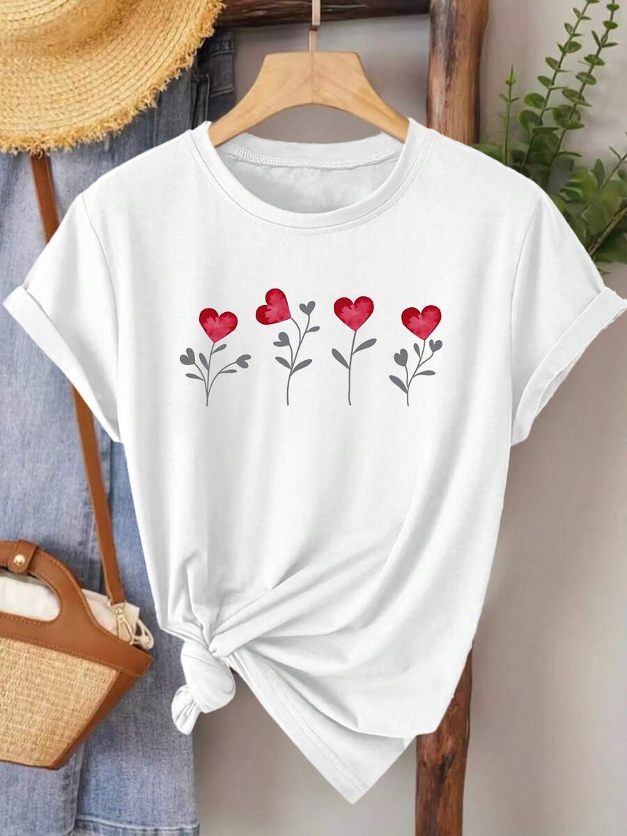 Camiseta vintage de manga corta y cuello redondo, adornada con estampados florales en forma de corazón, que muestra un estilo fresco y natural, de corte holgado, adecuada para un estilo casual minimalista en primavera y verano, elegante para fiestas y uso diario casual para mujeres, ecológica. - Blanco - Ver 1