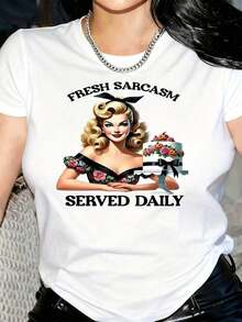 Camiseta Vintage Morado Claro para Mujer - Camiseta Retro Lavanda Pastel con Diseño Divertido de Pastel "Fresh Sarcasm Served Daily", Camiseta Suave para Uso Diario, Cosplay, Fiestas Temáticas, Conjuntos Casuales - Camiseta para Mujer Lavable a Máquina, Cuello Redondo, Tela - Blanco - Ver 5
