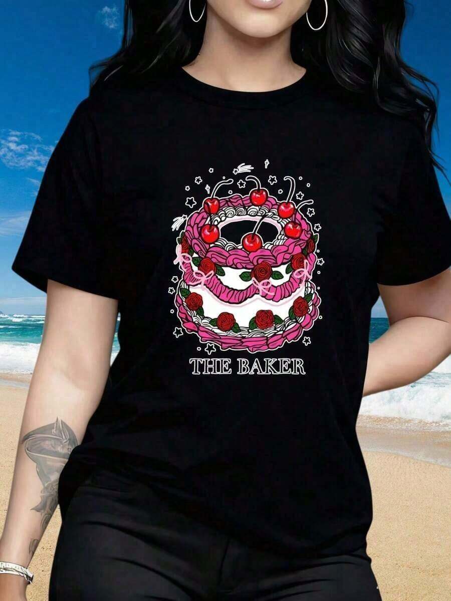 Oferta por tiempo limitado, cantidad limitada disponible, relámpago, camisas de mujer, camisetas de mujer Camiseta de manga corta con cuello redondo para mujer, camiseta negra con diseño de pastel de panadería, camiseta gráfica de moda para mujer, ropa de playa de verano, estampado divertido adecuado para el Día de San Valentín, fiestas de Navidad, deportes, fiestas navideñas, salidas, deportes y otros regalos navideños. - Negro - Ver 1