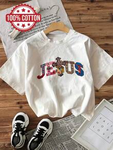 Diseño simple y versátil, camiseta casual de primavera/verano para mujer, estilo glamuroso, con cruz, gema, imagen de Jesús, decoración en forma de corazón, estampada, manga corta, cuello redondo, camiseta de algodón puro para mujer. - Blanco - Ver 7