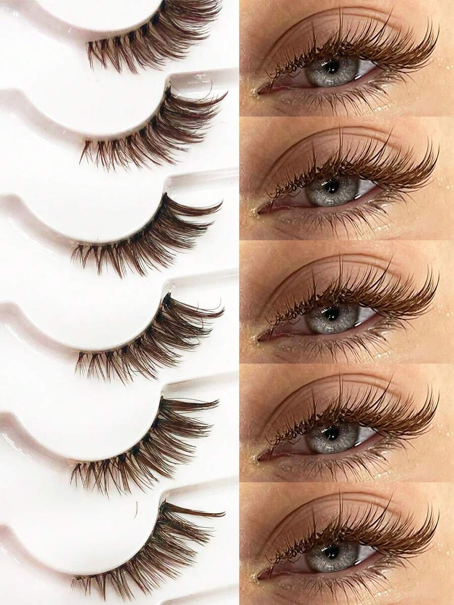 Asiteo 7 Pairs Brown Half-Piece Transparent Soft Faux Mink Lashes, Natural & Thick Cat Eye Style, Cartoon Design, Suitable For Party And Daily Makeup - 棕色 - 查看 1