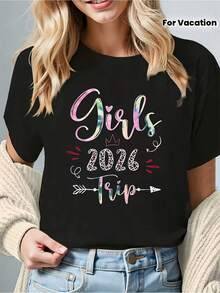Camiseta de talla grande, Colección Viaje 2026 para chicas "El feliz viaje de vacaciones de las mejores amigas" con corona, estampado de leopardo en acuarela y estampado de letras, camiseta negra de manga corta y cuello redondo para mujer - lavable a máquina, adecuada para fiestas navideñas, salidas informales, reuniones de amigos, atuendo de vacaciones, regalo navideño. U9LB - Negro - Ver 2