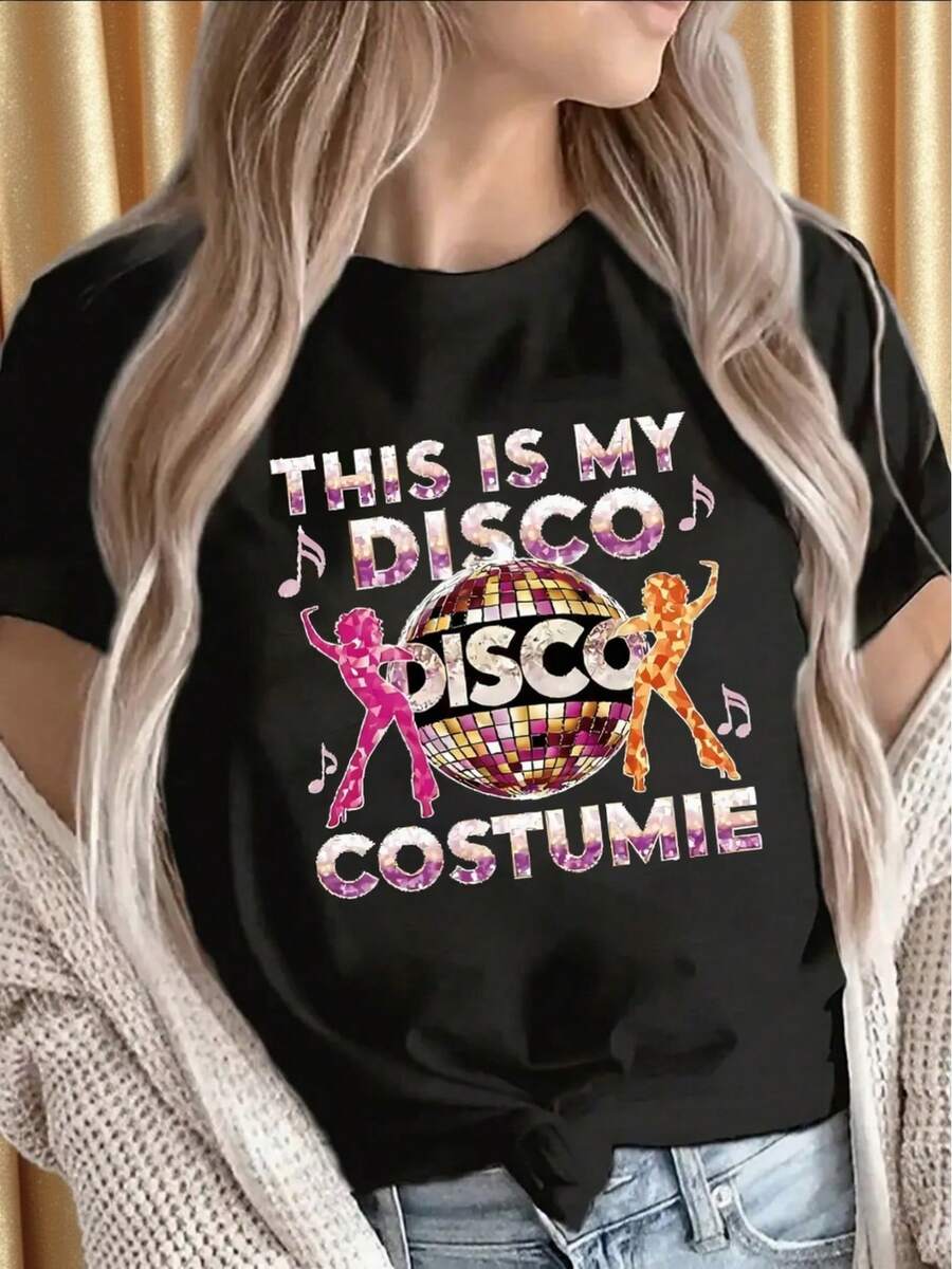 Una camiseta ligera con un divertido estampado de atuendo disco, perfecta para mujeres. Perfecto para fiestas, discotecas o salidas informales en casa o al salir a cenar. 180g 100% Algodón. - Negro - Ver 1