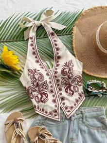Women's Bohemian Style Embroidered Crop Top Camisole, Woven Fabric, Sleeveless, Summer Vacation Wear, Asymmetric Hem Design - Apricot - View 8