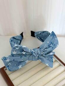 1pc Women's New Double-Layer Bow Headband, Versatile Fashion Elegant Denim Star Print Hair Accessory Hairband - Multicolor - View 7