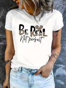 Camiseta de manga corta con cuello redondo para mujer, estampado de leopardo con diseño de rompecabezas en inglés, suave y con caída fluida, adecuada para uso diario, oficina, escuela, vacaciones, camping, de estilo versátil, que hace que tu verano sea más vibrante y colorido. - Blanco - Ver 2