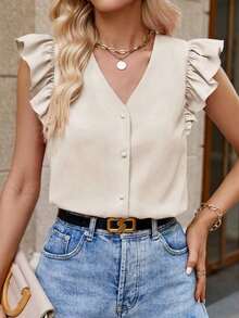 Camisa de mujer con cuello en V a rayas y mangas con volantes, camisas de verano para mujeres - Albaricoque - Ver 6