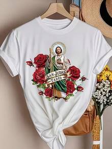 Casual Short-Sleeved, Round-Neck T-Shirt With A Print Of Tadeo And Roses. - White - View 8