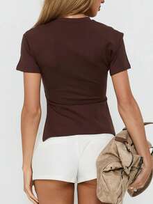 Womens Asymmetrical Summer Tops Going Out Shirts Spring Y2K Short Sleeve Crew Neck Ruched  Clothes - Marrón - Ver 2