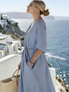 Holidaya Vestido largo con cuello en V, manga corta, cintura elástica y nudo retorcido, adecuado para primavera, verano, otoño e invierno, apropiado para ir al trabajo, uso diario, elegante, fiesta, playa, romántico, Día de San Valentín, graduación, moda, casual, negocios, oficina, versátil - Azul - Ver 4