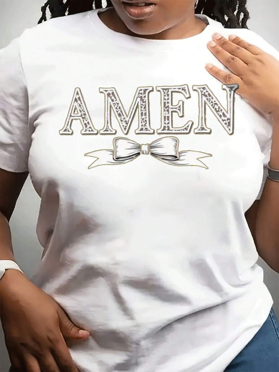 Camiseta de talla grande para mujer con diseño de "AMEN" en pedrería y lazo - Top casual brillante de cuello redondo, confeccionado en tela suave y transpirable, lavable a máquina para comodidad durante todo el año, ideal para eventos religiosos, uso diario y conjuntos de vacaciones (negro con letras doradas). Top cómodo y versátil de manga corta. - Blanco - Ver 1
