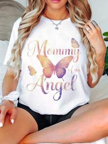 Camiseta de Mujer Suave y Transpirable con Estampado de Mariposas | Angel Mom Design, ropa casual de verano, el regalo perfecto para mamá, adecuada para todas las estaciones, unisex, camiseta de manga corta con cuello redondo en beige claro - Camiseta unisex de algodón suelto de manga corta y cuello redondo estilo vintage urbano. - Blanco - Ver 1