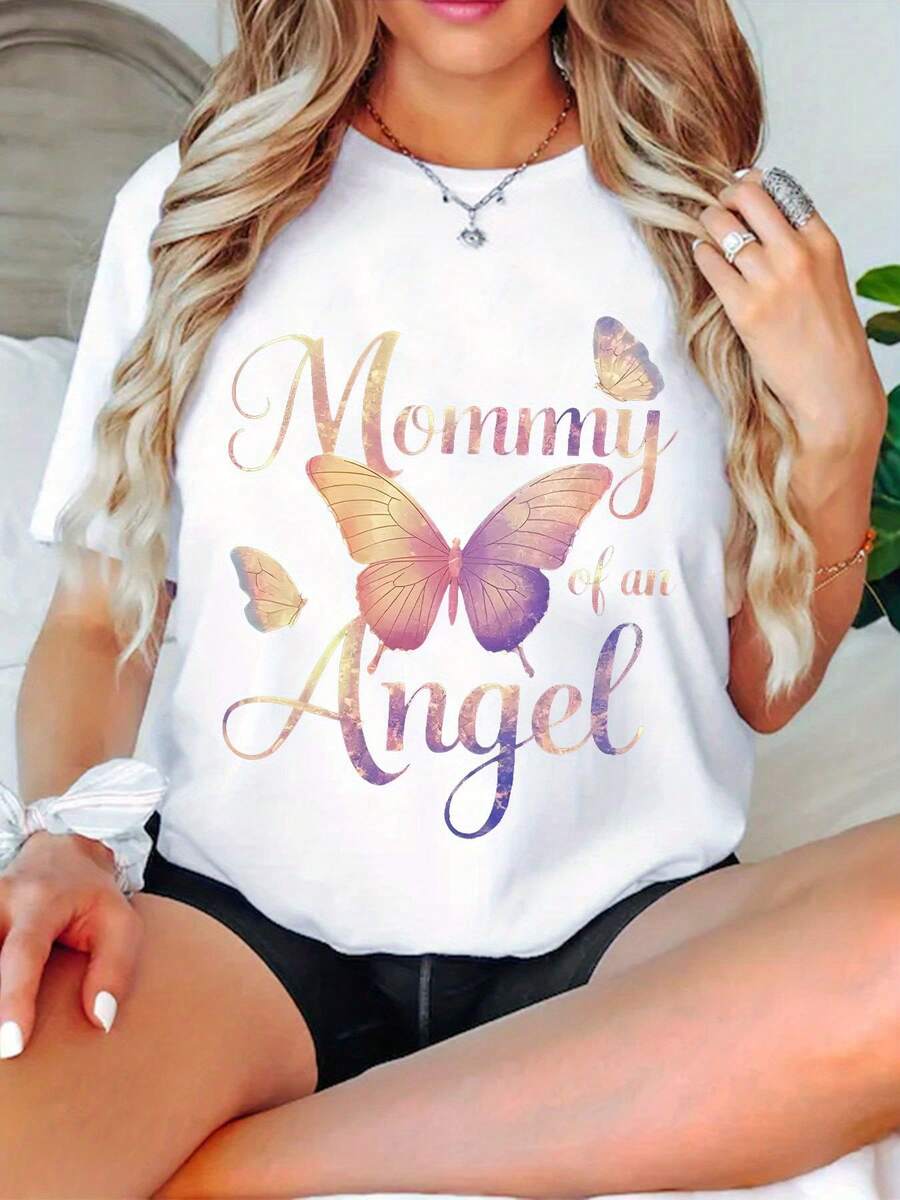 Camiseta de Mujer Suave y Transpirable con Estampado de Mariposas | Angel Mom Design, ropa casual de verano, el regalo perfecto para mamá, adecuada para todas las estaciones, unisex, camiseta de manga corta con cuello redondo en beige claro - Camiseta unisex de algodón suelto de manga corta y cuello redondo estilo vintage urbano. - Blanco - Ver 1