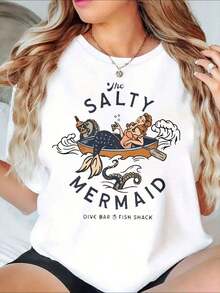Camiseta Gráfica "La Sirena Salada" con Diseño de Aventura Oceánica para Playa y Verano - Estilo Urbano Vintage Unisex, Camiseta de Manga Corta de Algodón Suelto con Cuello Redondo, 100% Algodón - Blanco - Ver 7