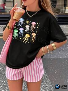 Una camiseta de manga corta para mujer, moderna, a la moda, retro, casual y holgada, adecuada para actividades al aire libre en primavera y verano, camiseta de mujer de 180g con estilo y2k personalizado, top de manga corta holgado, elegancia de estilo urbano, informal y transpirable para el día a día, ropa de verano con estampado creativo de medusas coloridas, regalo para deportes al aire libre.blusas para mujer,blusas casuales para dama,tops,, mujer premium,y2k,playeras de mujer curvy,ofertas y liquidaciones ropa mujer,playeras deportivas para mujer,,playeras de hombre, mujer,blusas>elegante P2OQ - Negro - Ver 1
