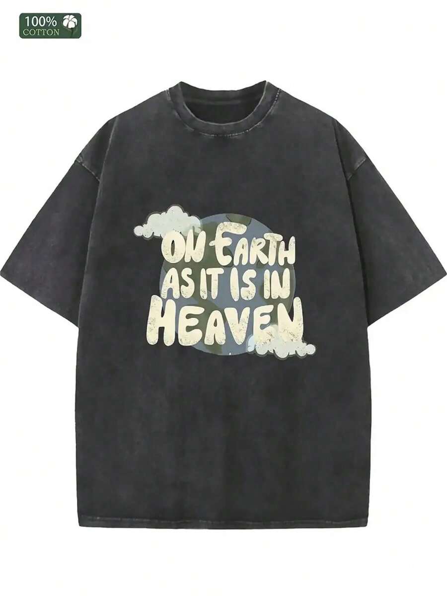 230g Heavyweight Cotton T-Shirt For Men And Women With "On Earth As In Heaven" Pattern Print, Casual Urban Style In Brown, Loose Round Neck Design Suitable For All Seasons, Ideal For Both Daily Wear And Special Occasions, A Fashionable Choice For Outdoor Activities, Soft Fabric, Modern Print, Excellent Gift Choice. - 黑色 - 查看 1