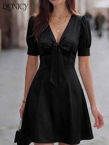 DONICY Women's Mini Dress With V-Neck, Petal Sleeves And A-Line Skirt With Bow Decoration, In Black And White Polka Dot Print, Summer Dress - 酒紅色 - 查看 6