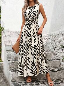 Vestido de verano sin mangas con cuello redondo, cintura ajustada y estampado todo sobre todo, para uso casual y vacaciones - Negro - Ver 3