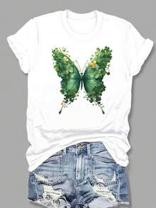 Women's T-shirt Día de San Patricio, top de manga corta para mujer con estampado de mariposas y cuello redondo ajustado. - Blanco - Ver 7