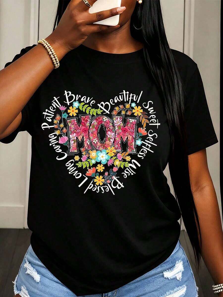 Camiseta de Cuello Redondo para Mujer con Estampado Floral de Corazones y Frases como "Paciente, Valiente, Hermosa, Dulce, Abnegada, Amante, Cariñosa, Bendecida, Linda" para Regalo del Día de la Madre - Negro - Ver 1